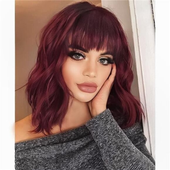 NEW Short Wine Red Wavy Wig with Bangs - Picture 1 of 7